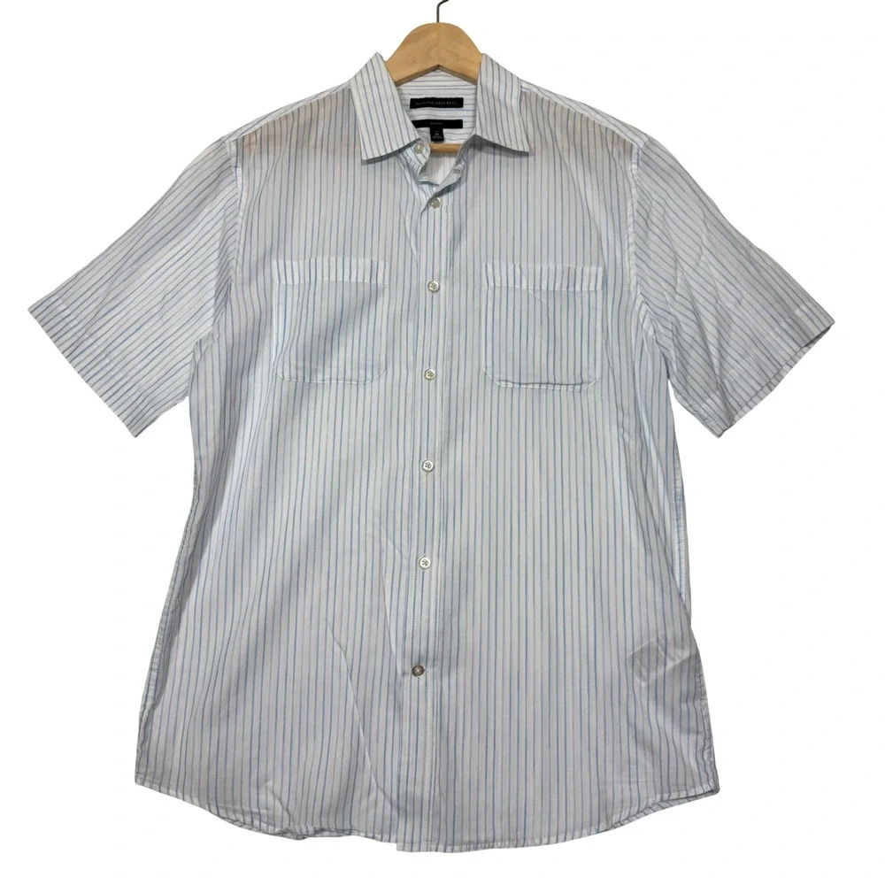 Banana Republic | Men's Slim Fit Blue Striped Short Sleeve Button-down, M Tall
